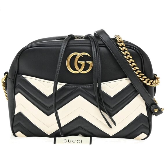 Gucci Handbags - GUCCI GG Marmont Quilting Chain Mini Shoulder Bag Leather Black White 45RF557